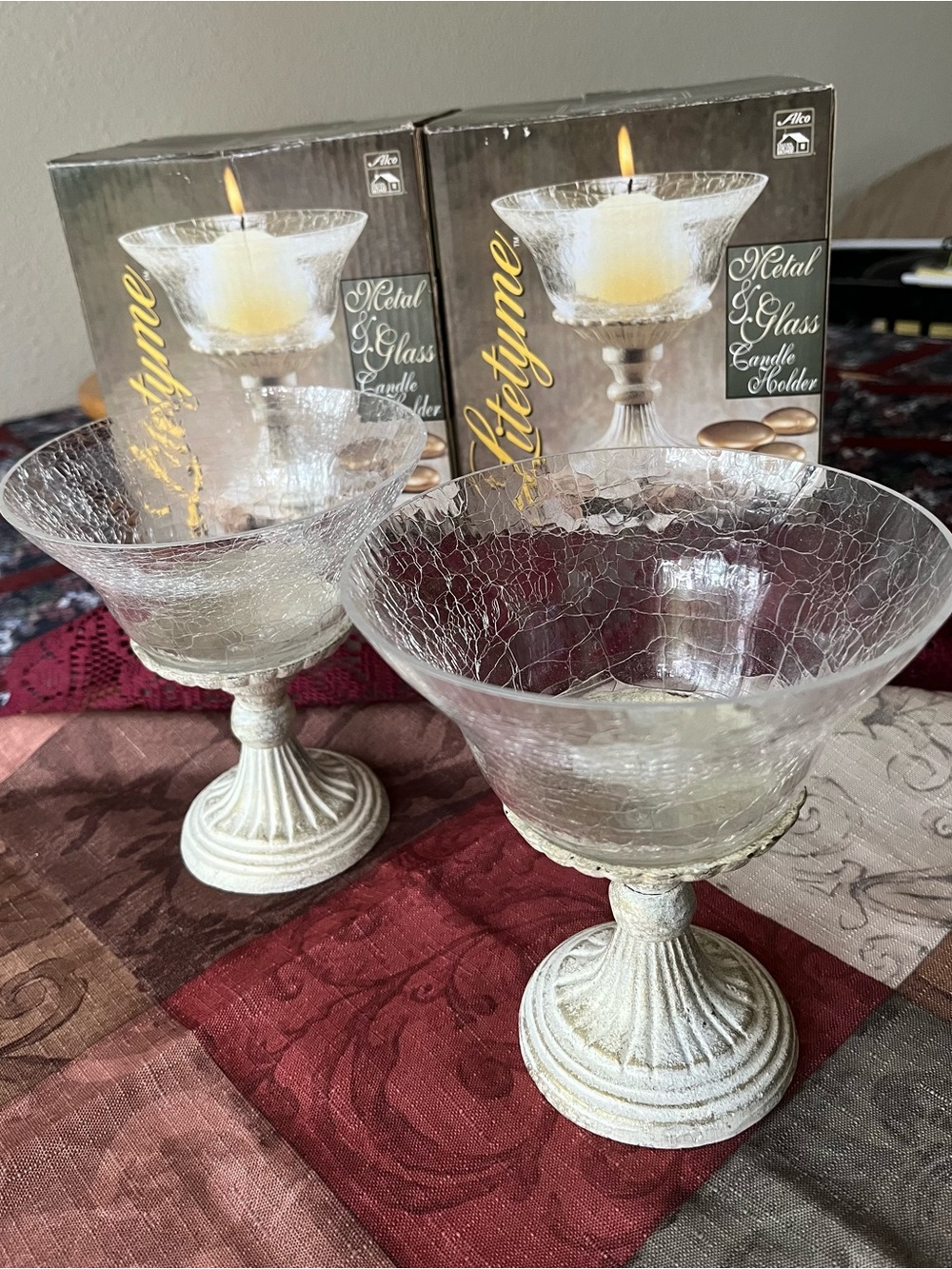 TYME Frosted Crackle Glass & White Metal Candle Holders - Pair